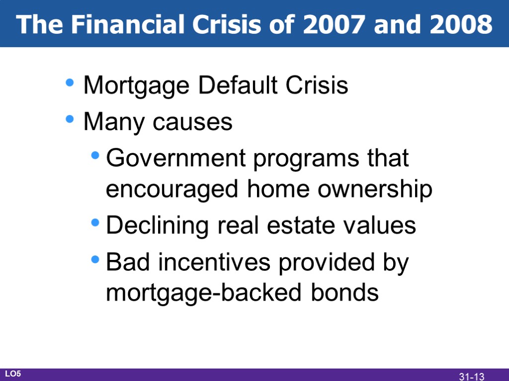 The Financial Crisis of 2007 and 2008 Mortgage Default Crisis Many causes Government programs